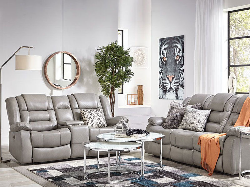 Image of grey sofa and loveseat with a green ficus